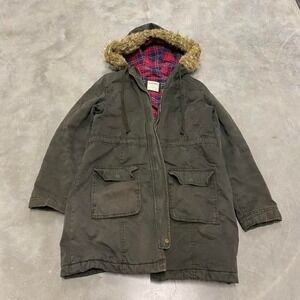 Vintage y2k 90s plaid lined forest green fur lined hood parka womens jacket